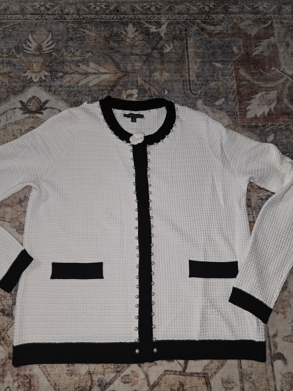 Adrianna Papell White Knit Jacket with Black Trim and Pearl Accents